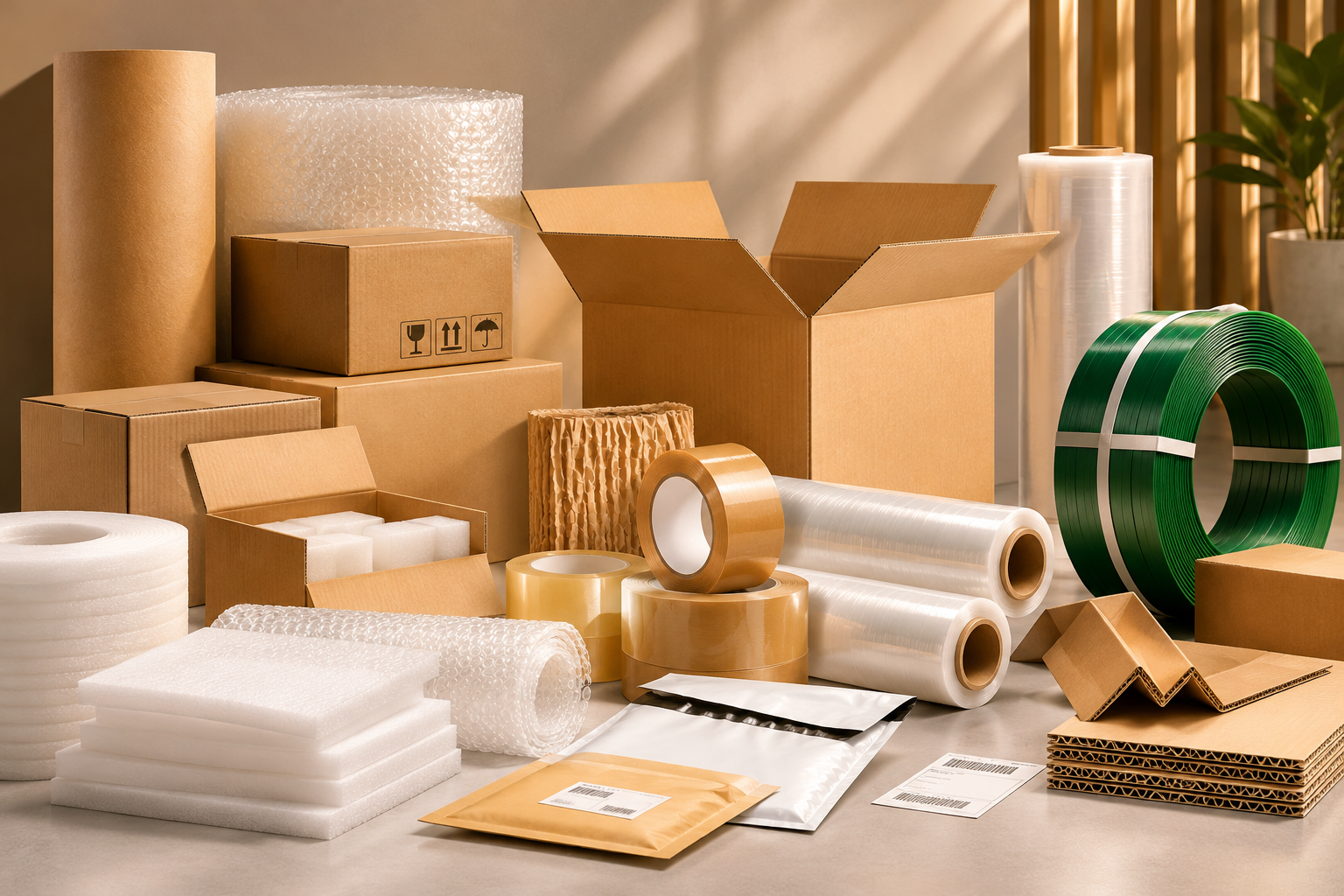 A realistic catalog-style arrangement of shipping boxes, stretch film, tapes and protective packaging supplies