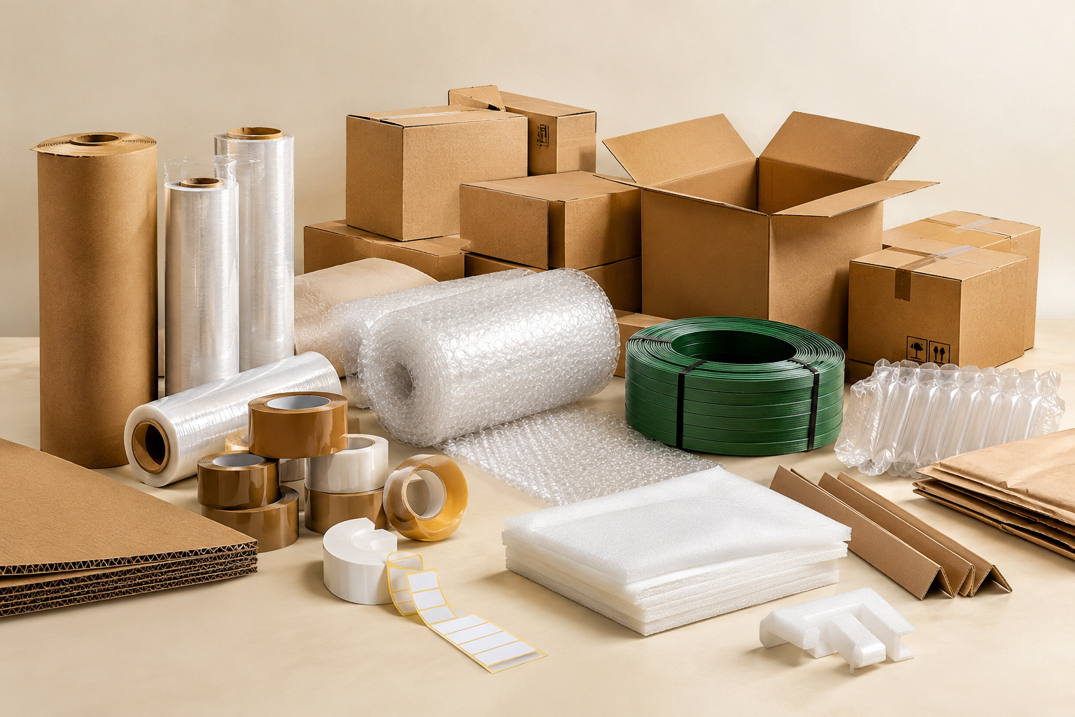 Packaging materials including corrugated cartons, stretch film, bubble wrap, tapes and strapping